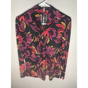 Liz Claiborne Large Black Long Sleeve Red Magenta Yellow Floral Cowl Zippered C1